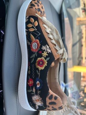 Johnny Was Floral Embroidered Leopard-Accent Sneakers in Tan and Black